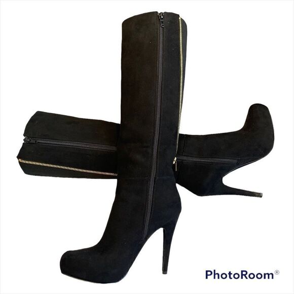 Aldo Black High Heels Velvety Boots Back Zipper - Picture 4 of 12